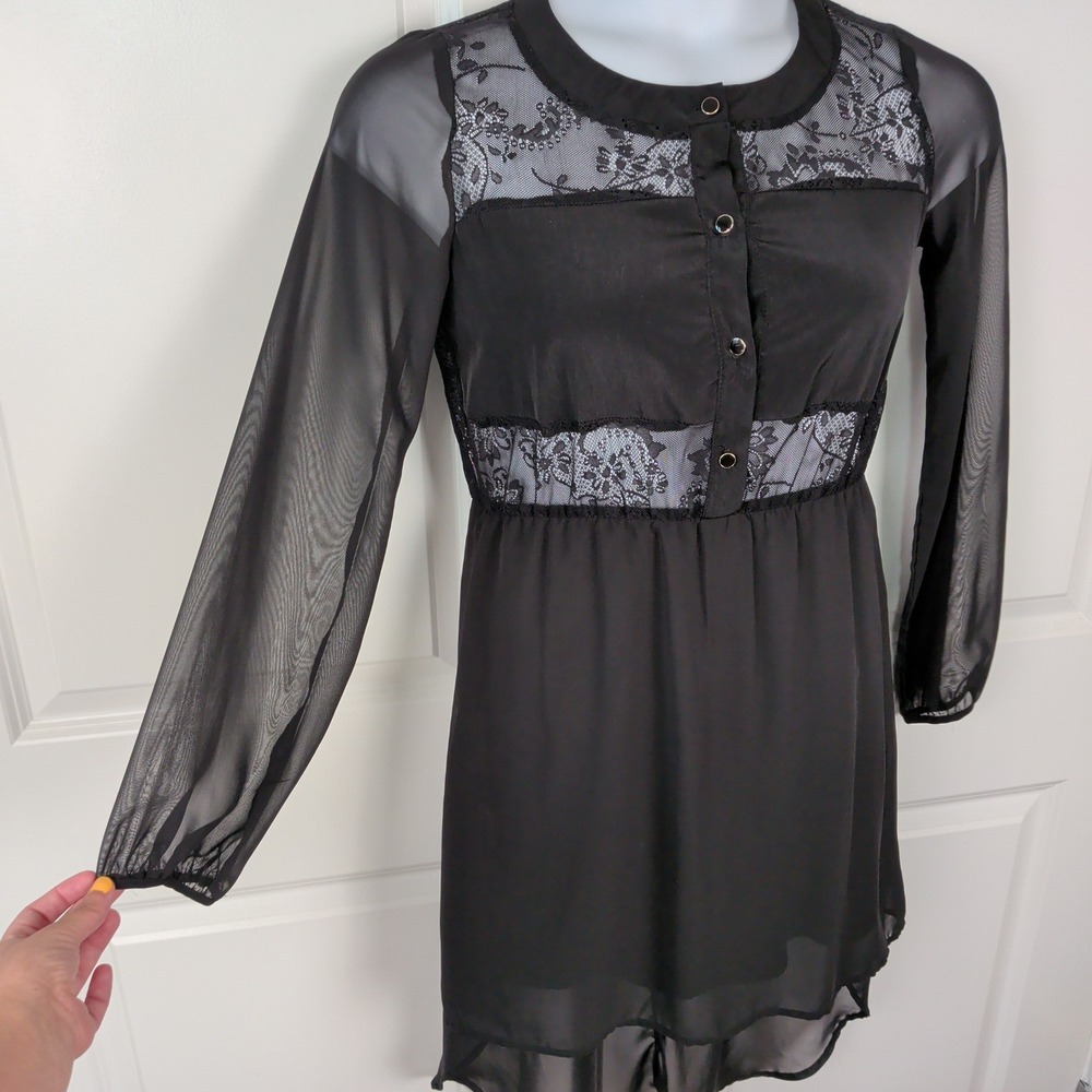 Witchy Black Lace Mesh High Low Long Sleeve Dress Size Small